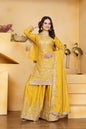 Prazu Fashion Yellow Crepe Silk Embroidered Sharara Suit