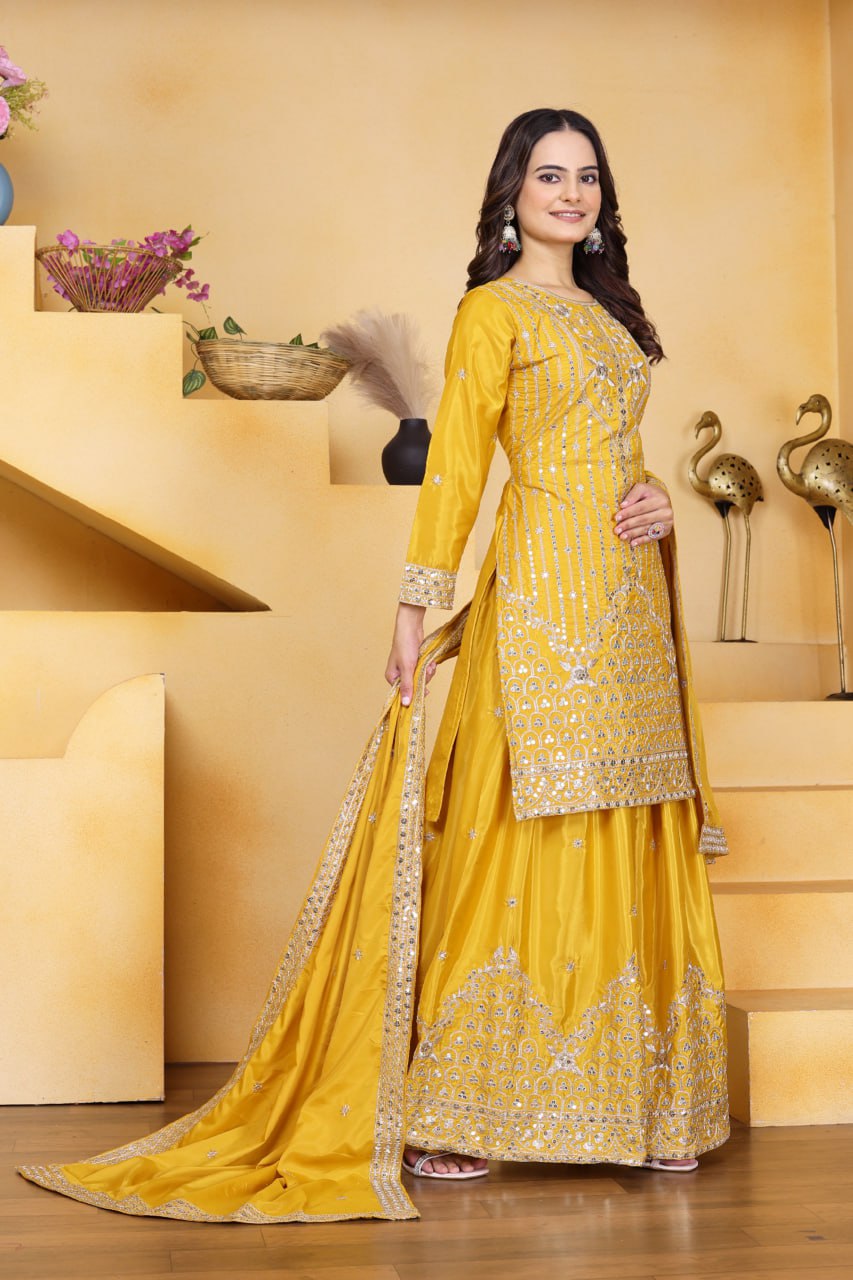 Prazu Fashion Yellow Crepe Silk Embroidered Sharara Suit