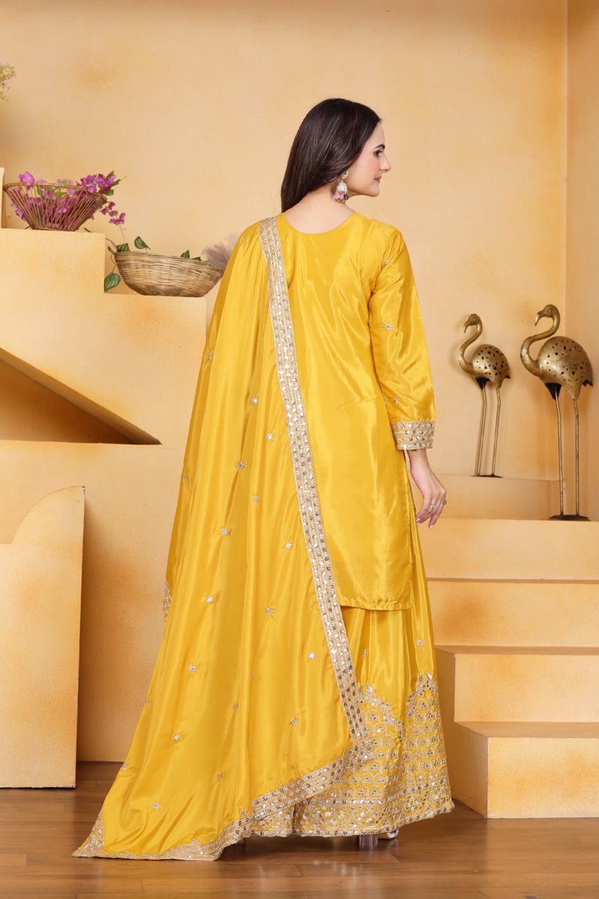 Prazu Fashion Yellow Crepe Silk Embroidered Sharara Suit