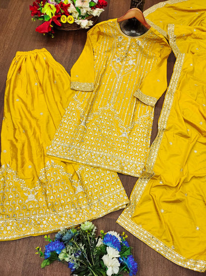Prazu Fashion Yellow Crepe Silk Embroidered Sharara Suit
