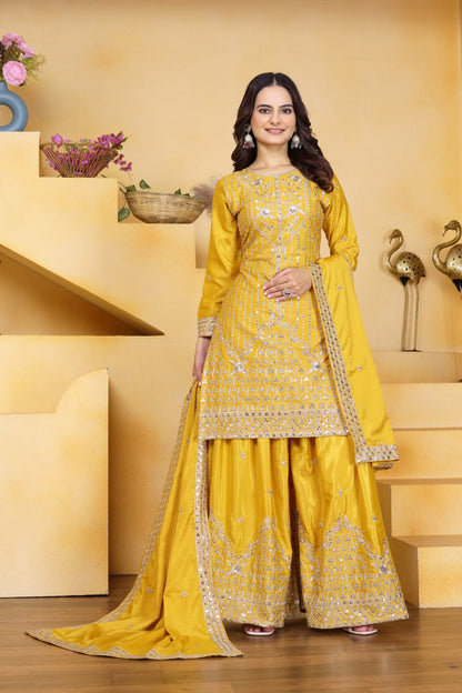 Prazu Fashion Yellow Crepe Silk Embroidered Sharara Suit