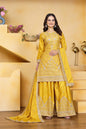 Prazu Fashion Yellow Crepe Silk Embroidered Sharara Suit
