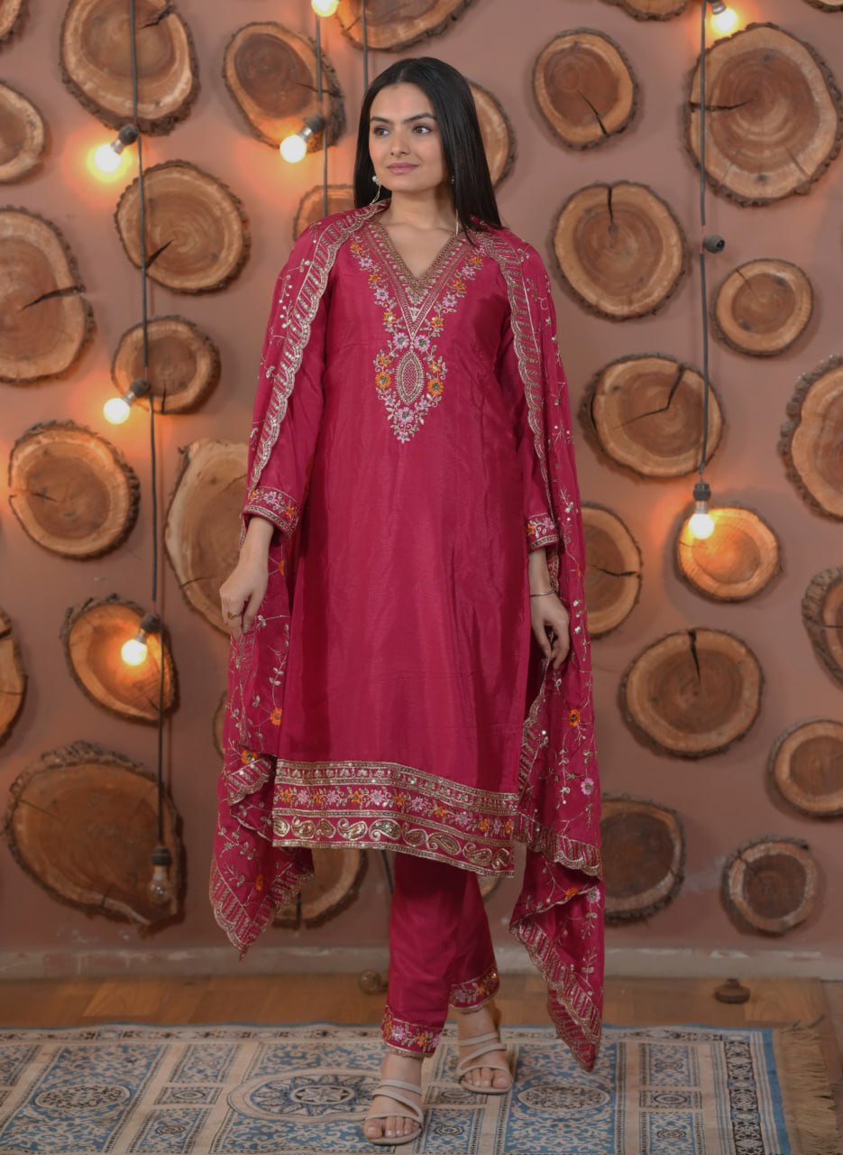 Lehenga Mart Designer Ready To Wear Kurta Pant With Dupatta For Women-Rani Pink