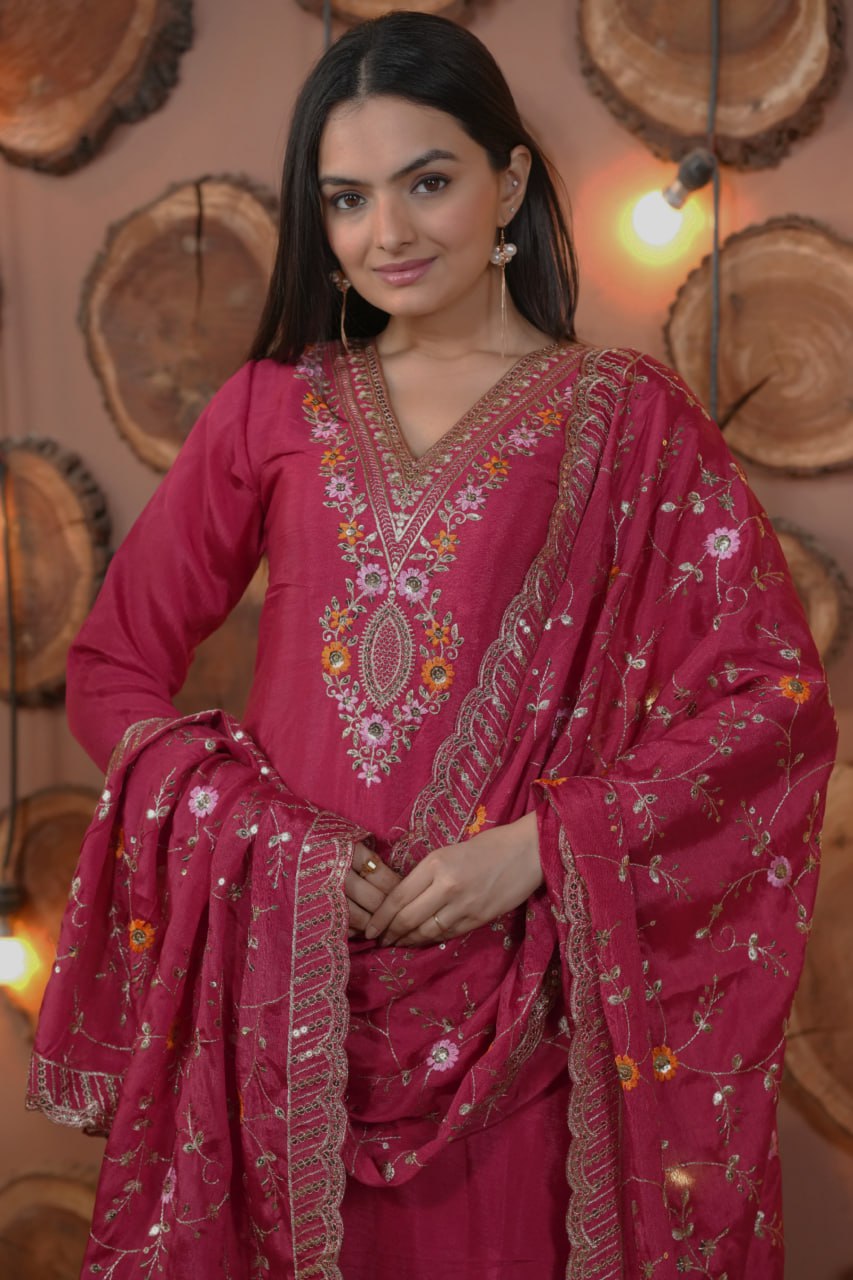Lehenga Mart Designer Ready To Wear Kurta Pant With Dupatta For Women-Rani Pink