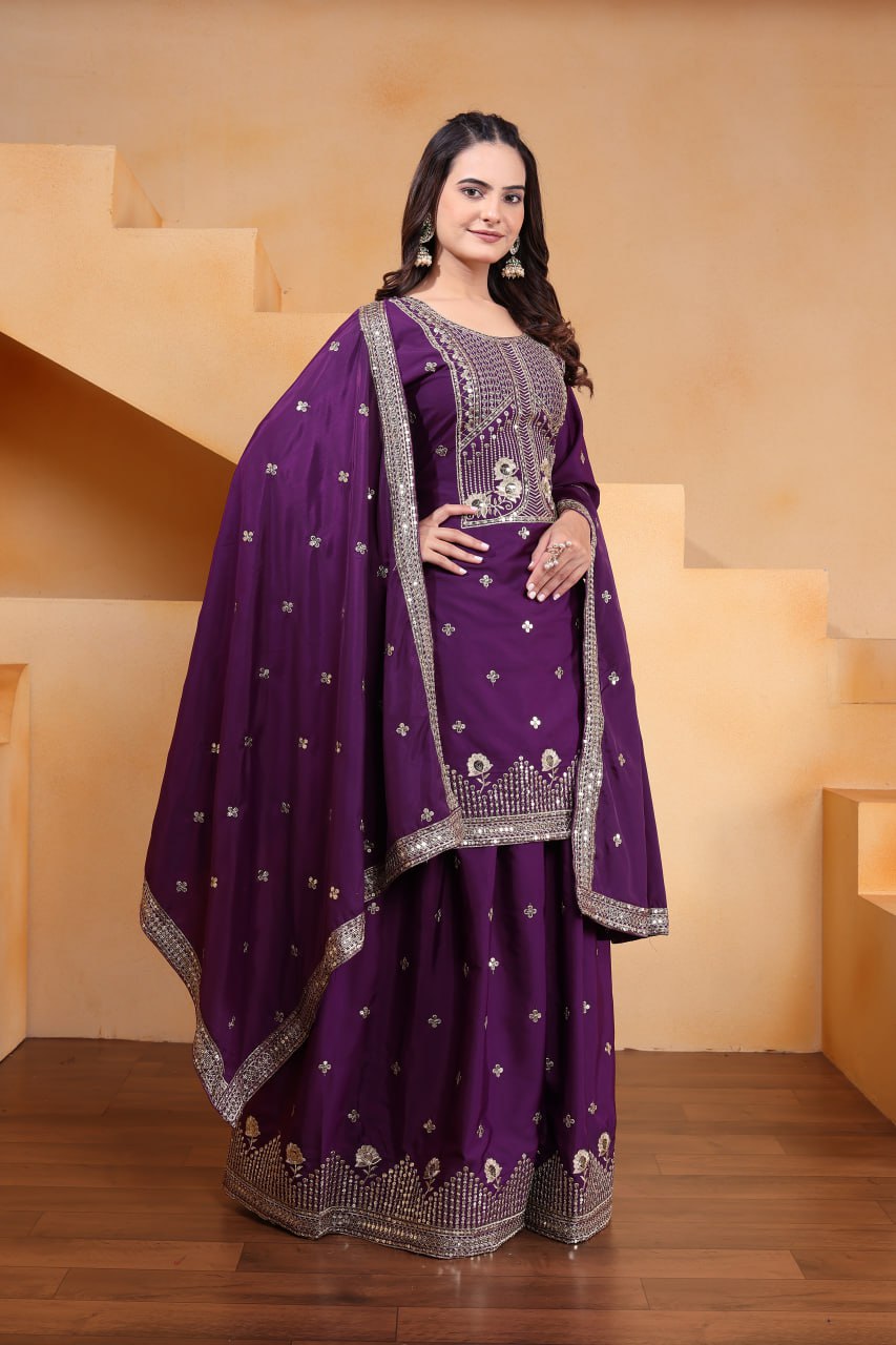 Lehenga Mart Premium Readymade Top Sharara With Dupatta Set For Women-Purple