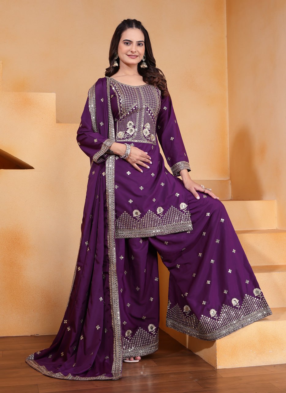 Prazu Fashion Purple Crepe Silk Embroidered Sharara Suit