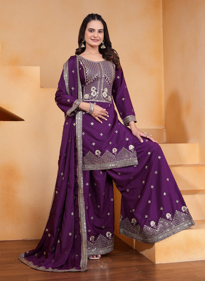 Prazu Fashion Purple Crepe Silk Embroidered Sharara Suit