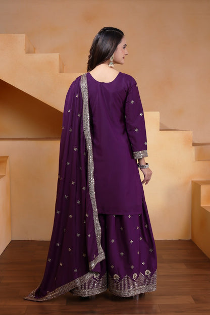 Prazu Fashion Purple Crepe Silk Embroidered Sharara Suit