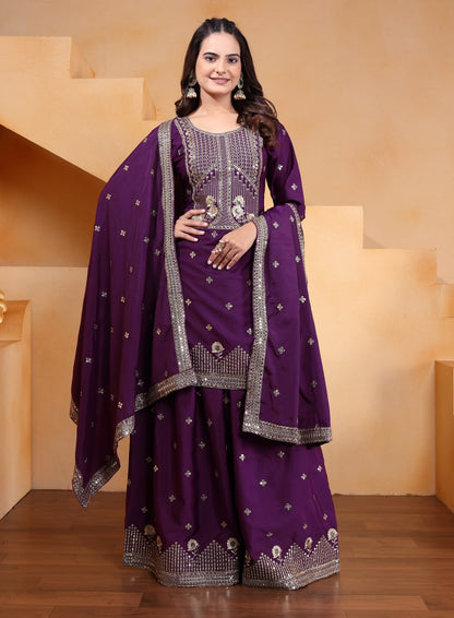 Prazu Fashion Purple Crepe Silk Embroidered Sharara Suit
