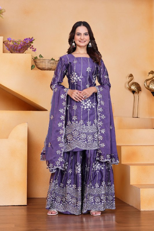 Lehenga Mart Premium Readymade Top Sharara With Dupatta Set For Women-Purple
