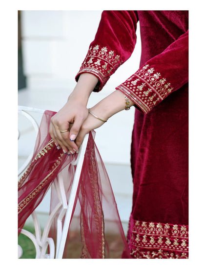 Teeya Creation Red Color Viscose Velvet Heavy Embroidery Work Fully Stitched Salwar Suit