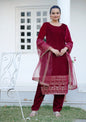 Teeya Creation Red Color Viscose Velvet Heavy Embroidery Work Fully Stitched Salwar Suit