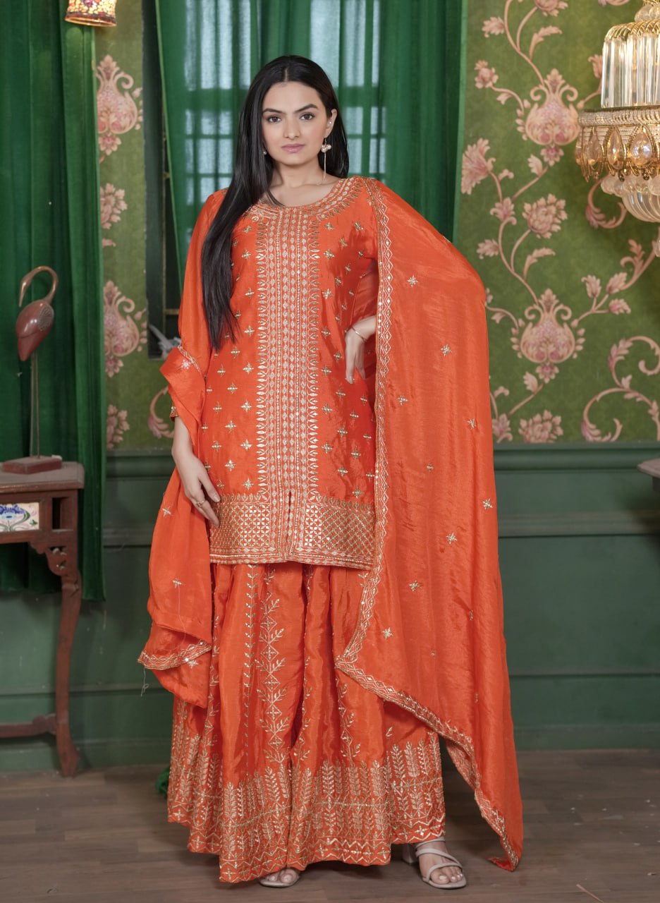 Teeya Creation Orange Color Chinnon Silk Heavy Embroidery Work Fully Stitched Sharara Suit