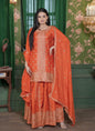 Teeya Creation Orange Color Chinnon Silk Heavy Embroidery Work Fully Stitched Sharara Suit