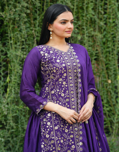 Teeya Creation Purple Color Chinnon Silk Heavy Embroidery Work Fully Stitched Sharara Suit