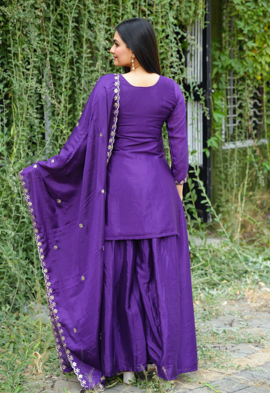 Teeya Creation Purple Color Chinnon Silk Heavy Embroidery Work Fully Stitched Sharara Suit