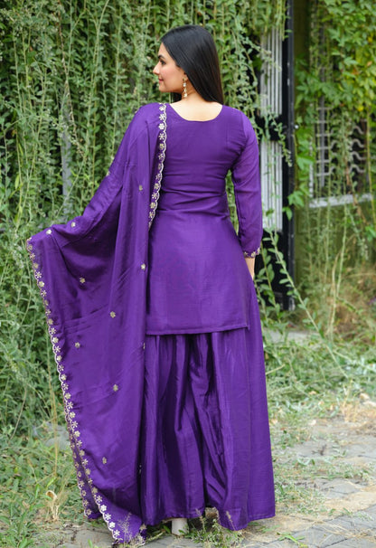 Teeya Creation Purple Color Chinnon Silk Heavy Embroidery Work Fully Stitched Sharara Suit