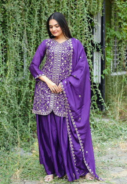Teeya Creation Purple Color Chinnon Silk Heavy Embroidery Work Fully Stitched Sharara Suit