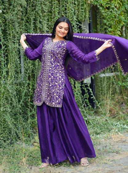 Teeya Creation Purple Color Chinnon Silk Heavy Embroidery Work Fully Stitched Sharara Suit