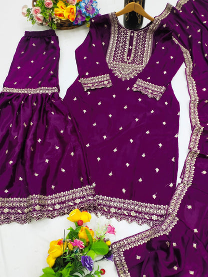 Prazu Fashion Purple Chinon Silk Sequence Embroidered Sharara Suit