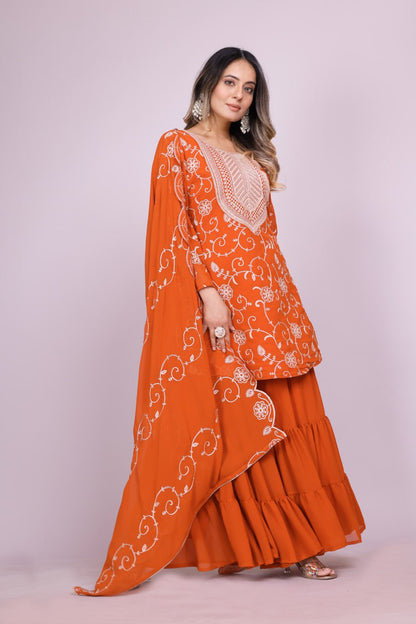 Teeya Creation Orange Color Faux Georgette Embroidery Work Fully Stitched Salwar Suit
