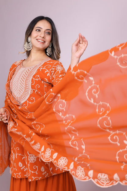 Teeya Creation Orange Color Faux Georgette Embroidery Work Fully Stitched Salwar Suit