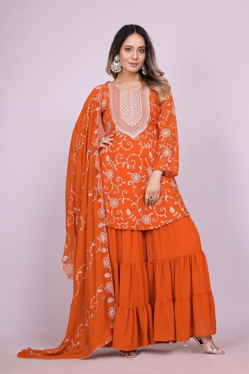 Teeya Creation Orange Color Faux Georgette Embroidery Work Fully Stitched Salwar Suit