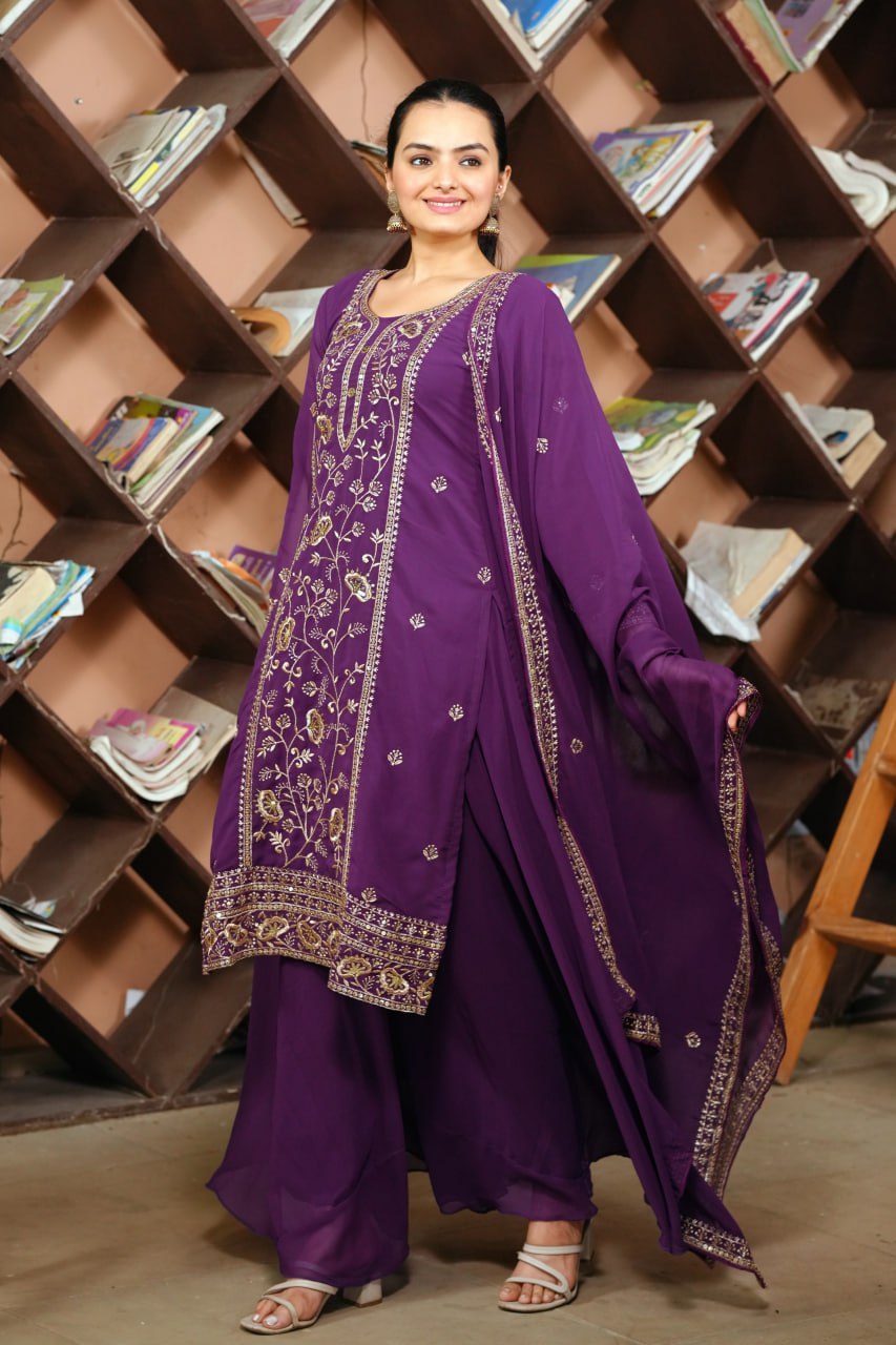 Prazu Fashion Purple Georgette Sequence Embroidered Sharara Suit