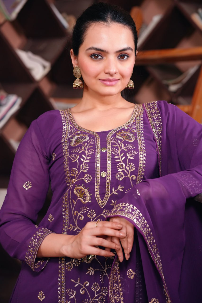 Prazu Fashion Purple Georgette Sequence Embroidered Sharara Suit