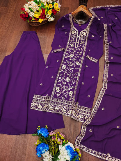 Prazu Fashion Purple Georgette Sequence Embroidered Sharara Suit