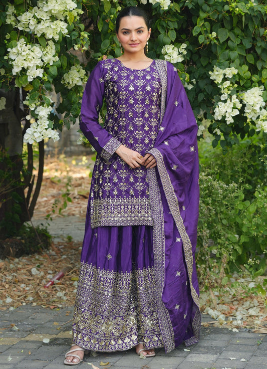 Lehenga Mart Purple Chinon Silk Gorgeous Chinon Sharara Suit For Wedding Wear
