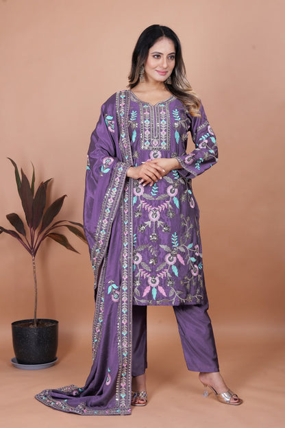 Prazu Fashion Dark Lavender Chinon Silk Sequence Embroidered Salwar Suit