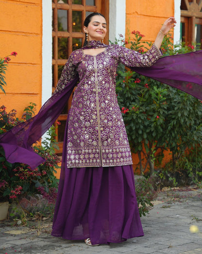 Prazu Fashion Purple Tapeta Silk With Fusing Embroidered Mirror Work Sharara Suit