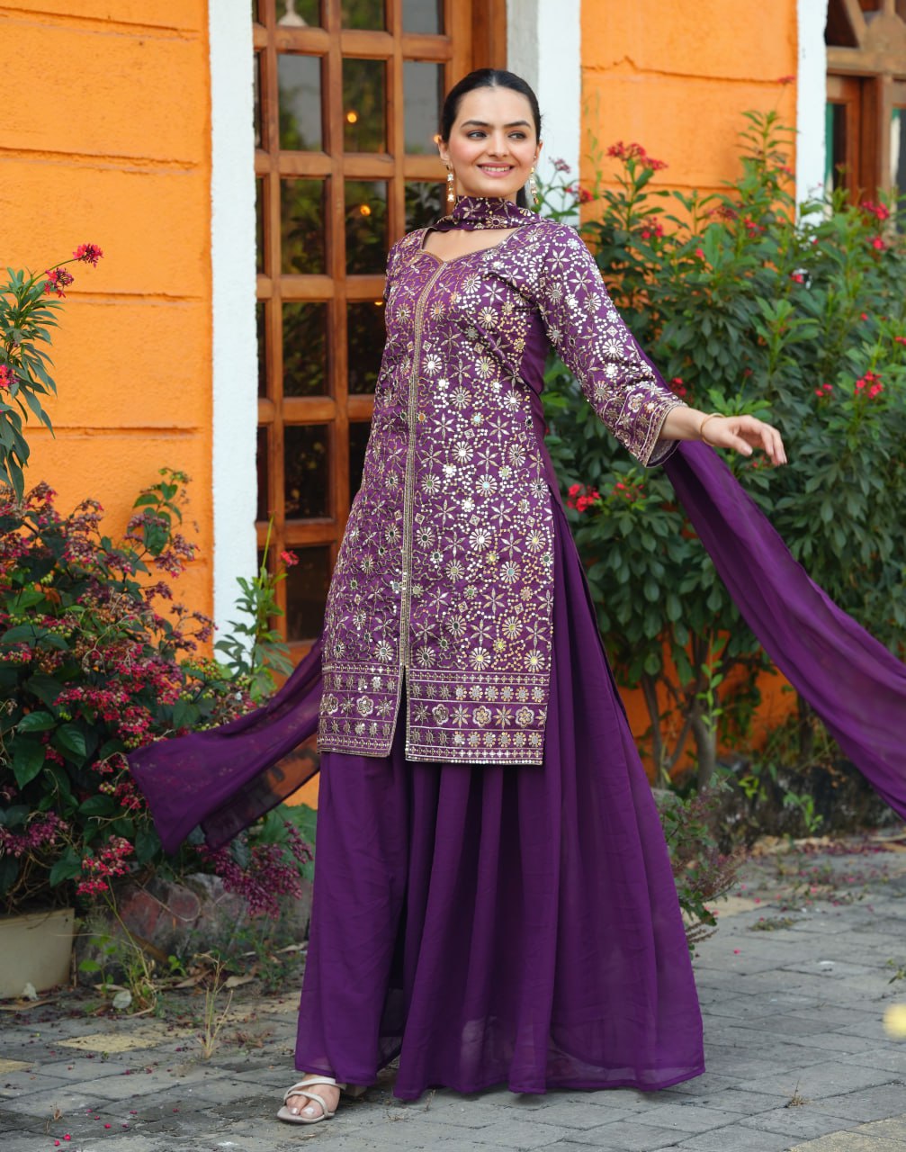 Prazu Fashion Purple Tapeta Silk With Fusing Embroidered Mirror Work Sharara Suit