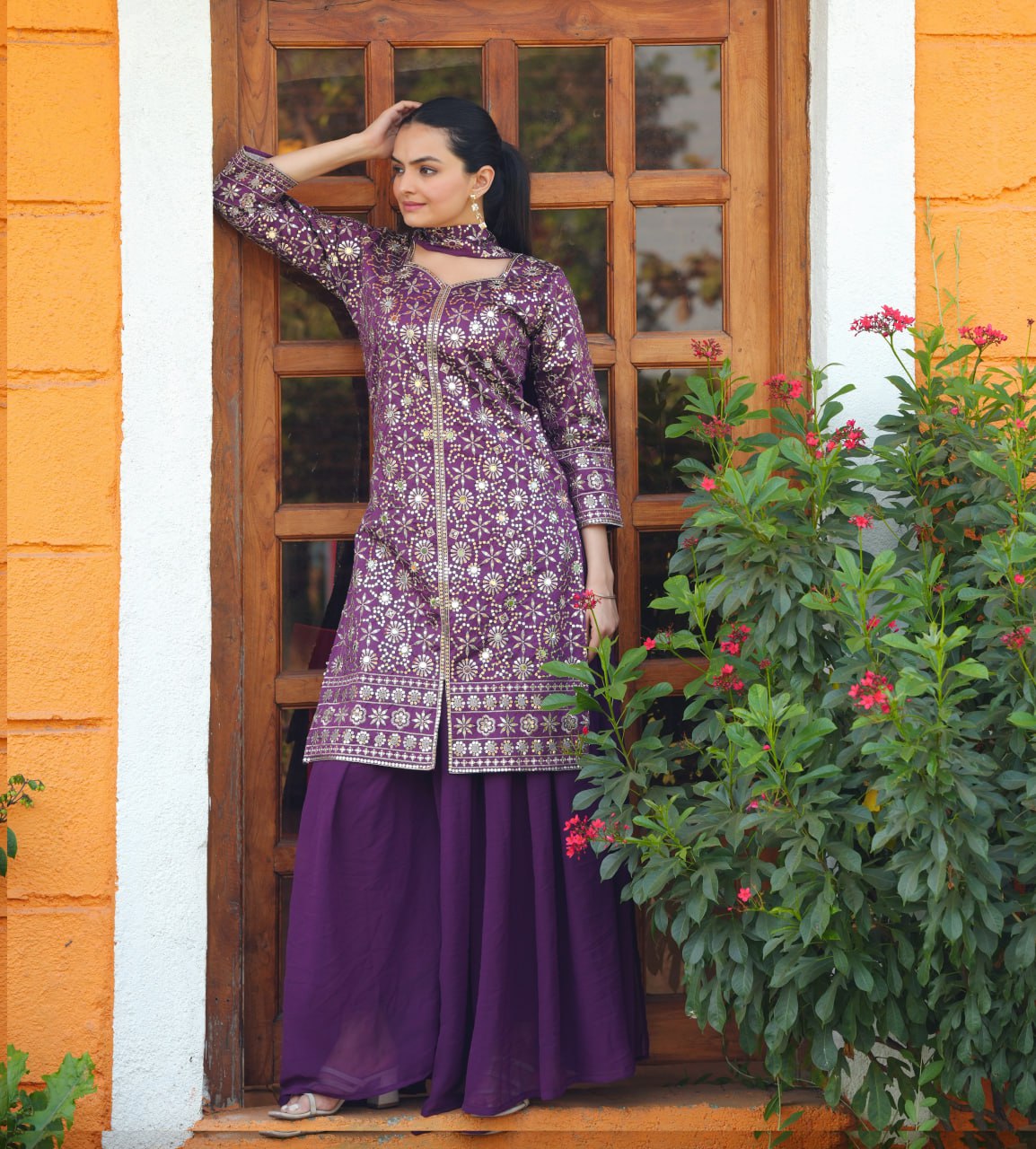 Prazu Fashion Purple Tapeta Silk With Fusing Embroidered Mirror Work Sharara Suit