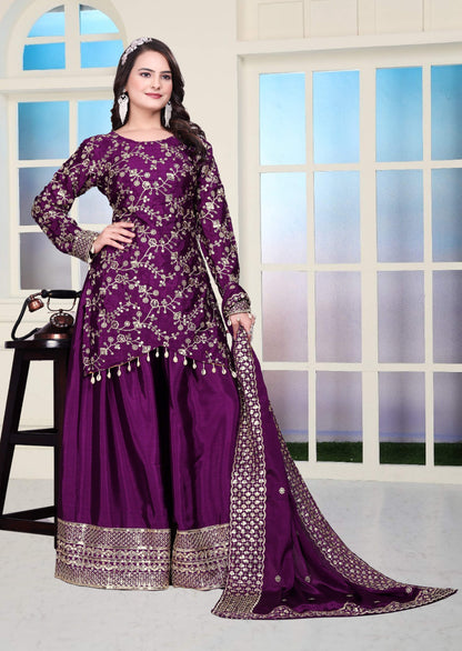Lehenga Mart Designer Chinon Sharara Suit With Sequence Embroidered Work - Purple