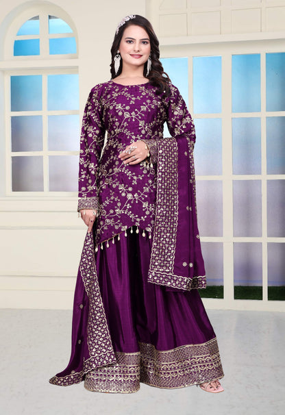 Lehenga Mart Designer Chinon Sharara Suit With Sequence Embroidered Work - Purple