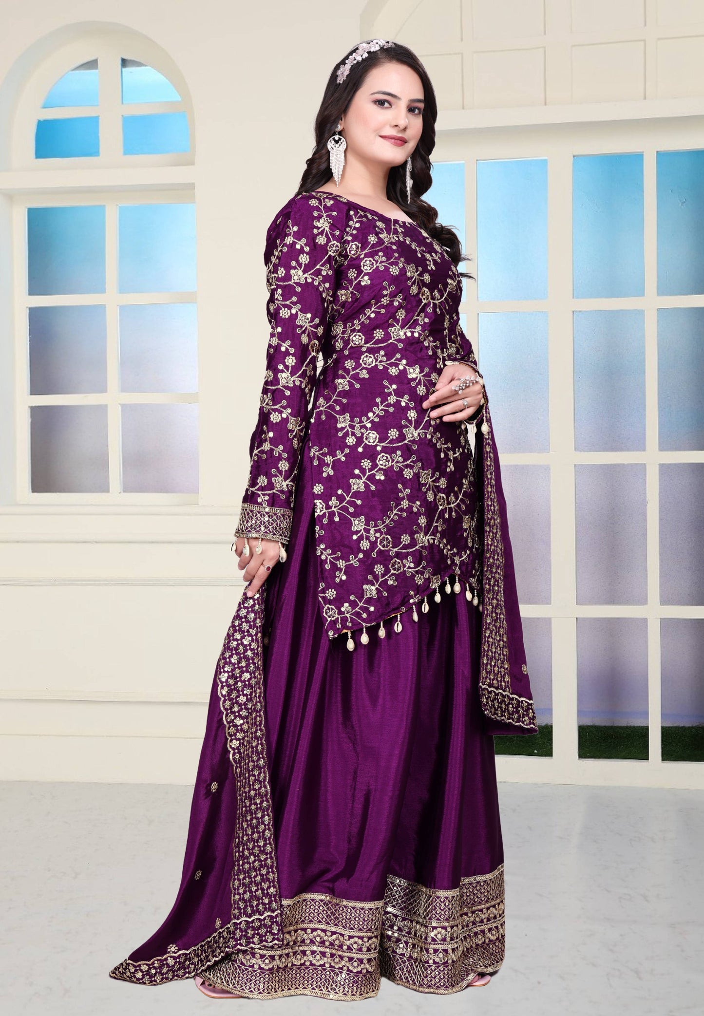 Lehenga Mart Designer Chinon Sharara Suit With Sequence Embroidered Work - Purple
