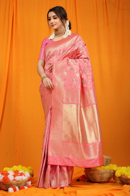 Jyoti Fashion Women's Pink Kanjivaram Silk Zari Woven Saree with Blouse
