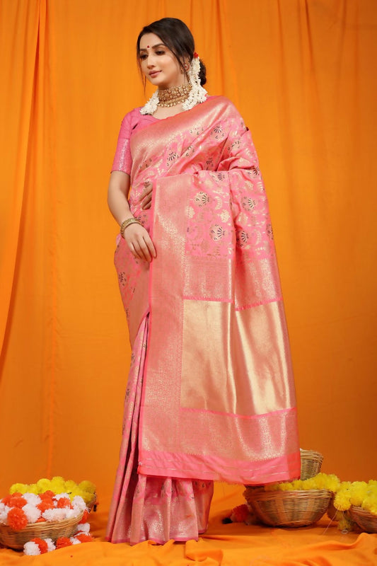 Jyoti Fashion Women's Pink Kanjivaram Silk Zari Woven Saree with Blouse
