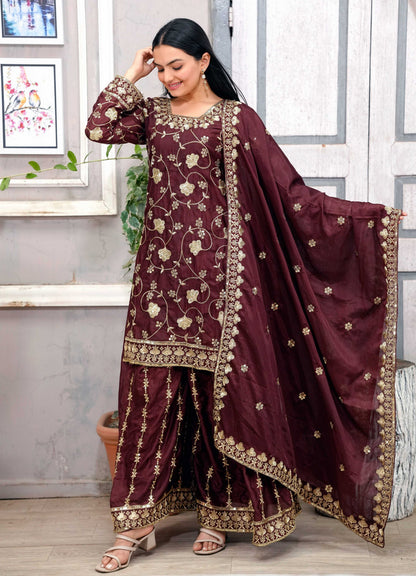 Lehenga Mart Designer Chinon Sharara Suit With Sequence Embroidered Work - Brown