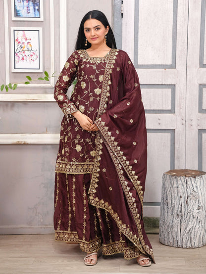 Lehenga Mart Designer Chinon Sharara Suit With Sequence Embroidered Work - Brown