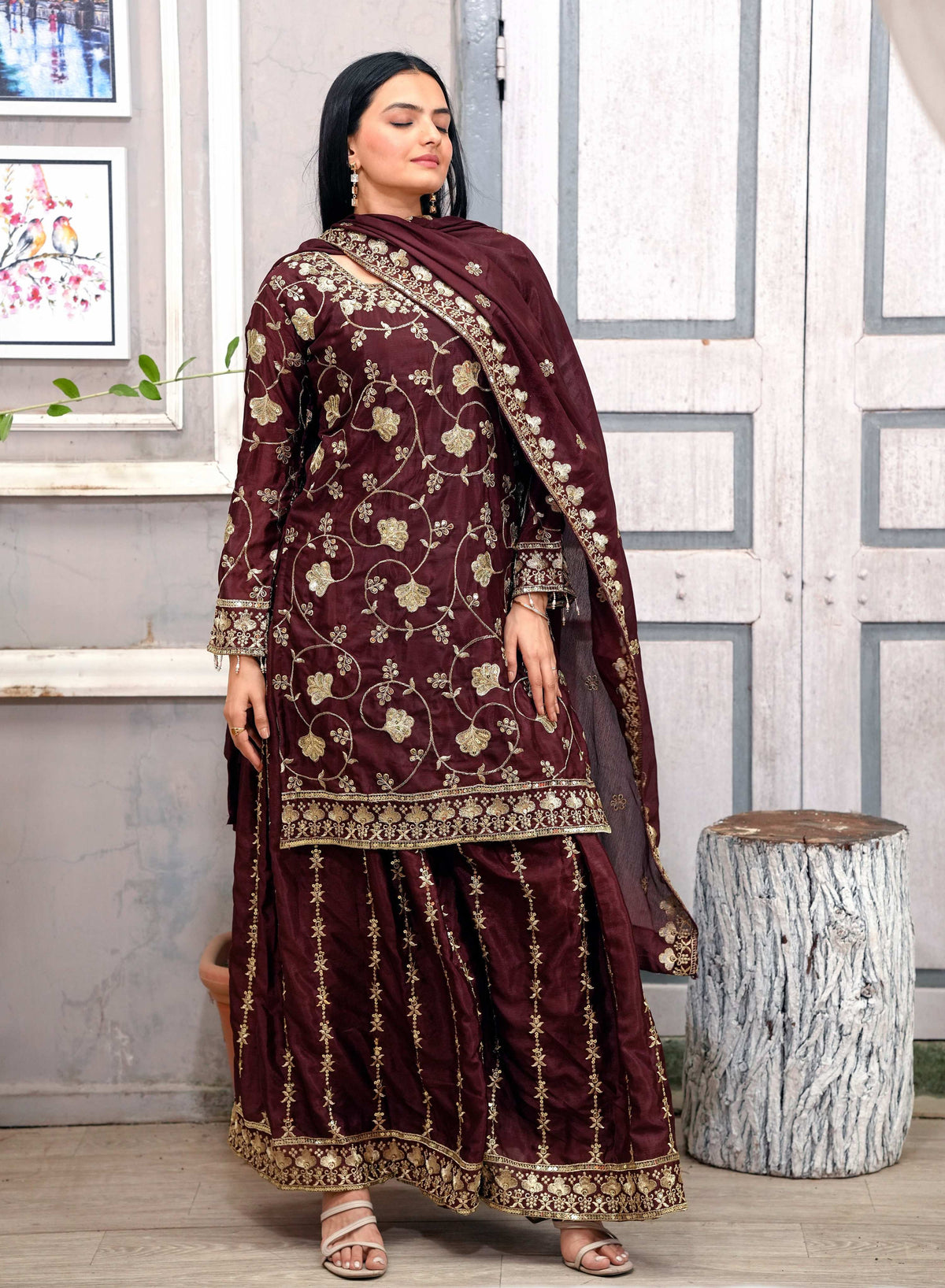 Lehenga Mart Designer Chinon Sharara Suit With Sequence Embroidered Work - Brown