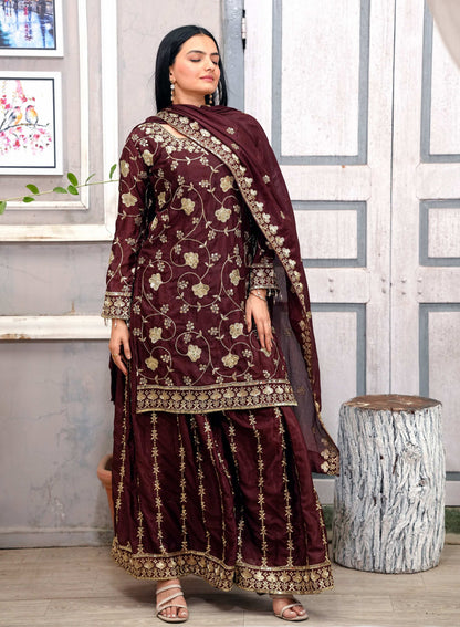 Lehenga Mart Designer Chinon Sharara Suit With Sequence Embroidered Work - Brown