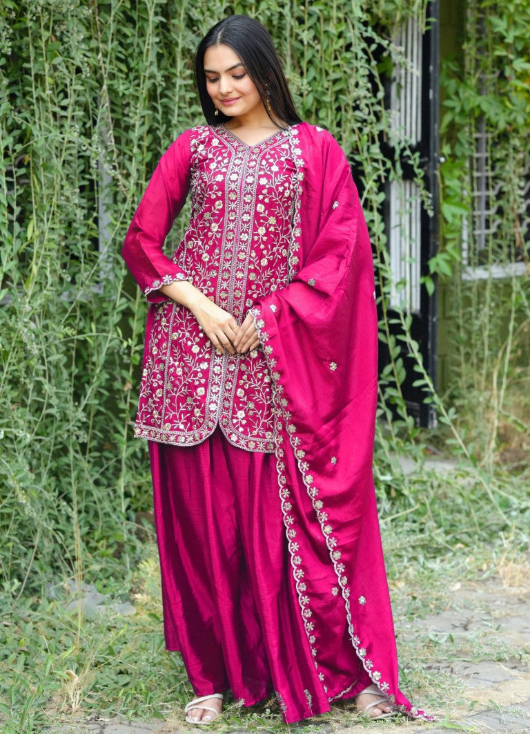 Lehenga Mart Designer Chinon Sharara Suit With Sequence Embroidered Work - pink