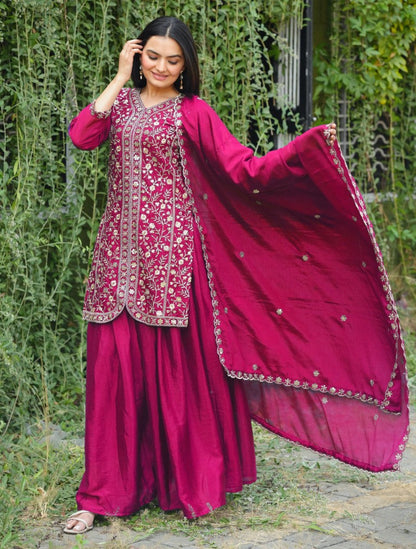 Lehenga Mart Designer Chinon Sharara Suit With Sequence Embroidered Work - pink