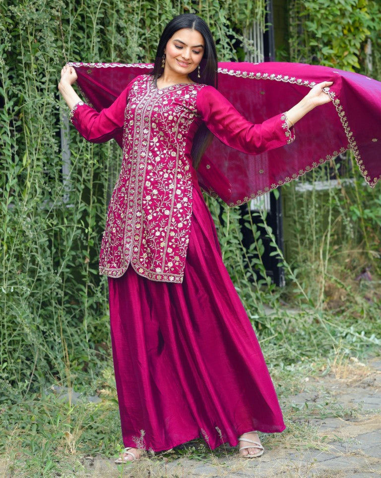 Lehenga Mart Designer Chinon Sharara Suit With Sequence Embroidered Work - pink