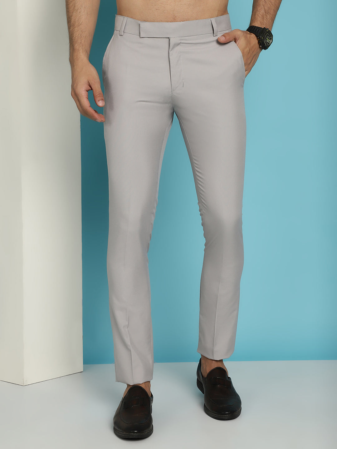 Indian Needle Men's Solid Cotton Formal Trousers - Light-Grey