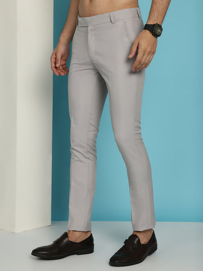 Indian Needle Men's Solid Cotton Formal Trousers - Light-Grey