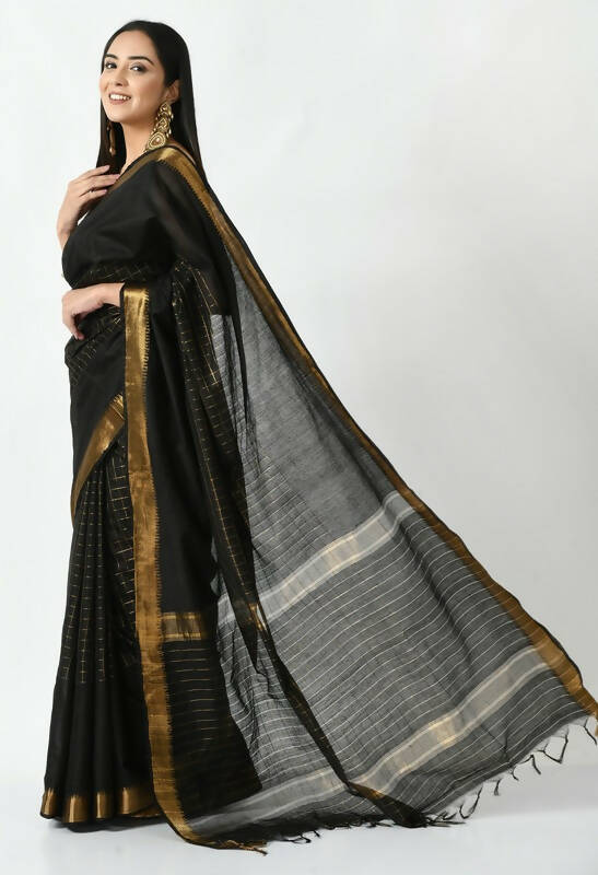 Mominos Fashion Moeza Black Bhagalpuri Handloom Silk Raj Shree Saree with unstitched Blouse piece